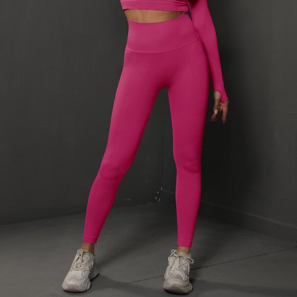 Seamless Butt Lift Yoga Leggings/ High Waist Workout & Running Tights /Hot Pink - Picture 2 of 9